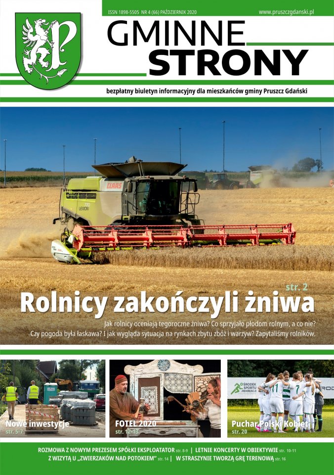 Strona tytułowa gazety Gminne strony - Główne zdjęcie - Pole zboża a na nim kombajn w trakcie żniw 