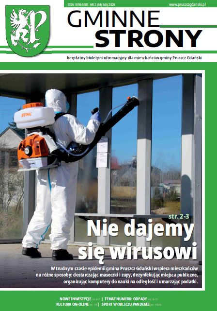 Strona tytułowa gazety Gminne strony - Główne zdjęcie - Mężczyzna w kombinezonie ochronnym z rozpylaczem na plecach 