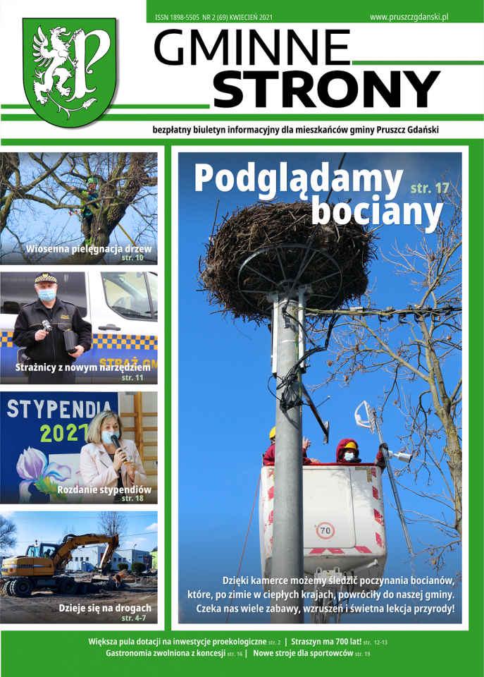 Strona tytułowa gazety Gminne strony - Główne zdjęcie - słup elektryczny z gniazdem bociana na szczycie