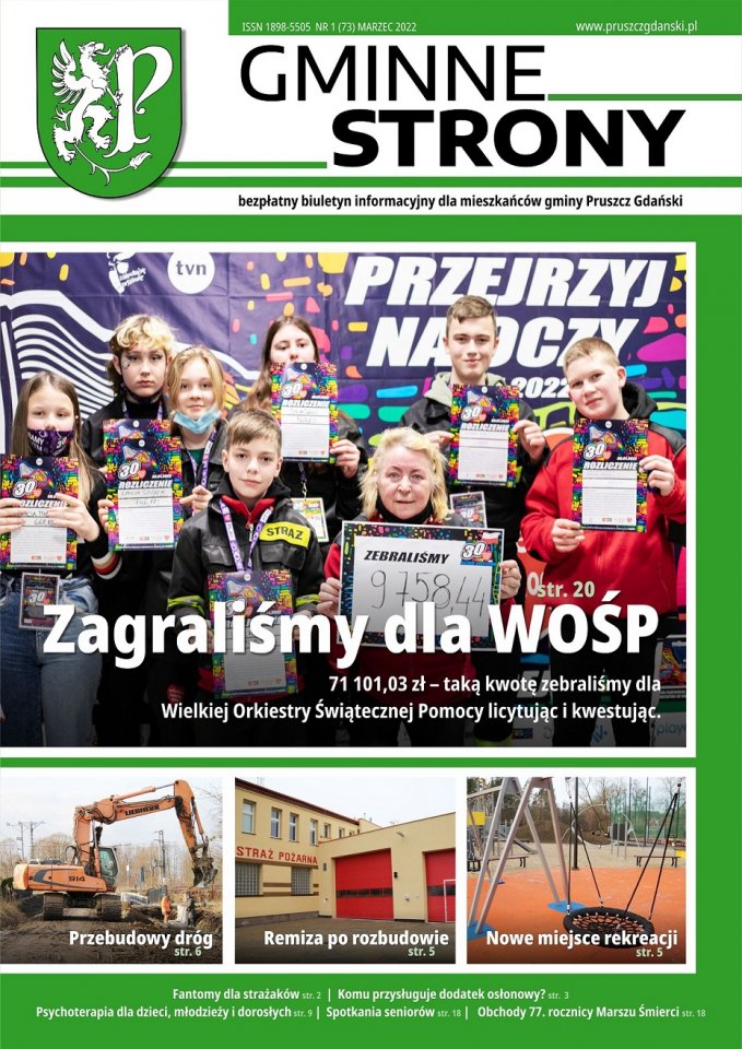 Strona tytułowa gazety Gminne strony - Główne zdjęcie - Dzieci prezentują potwierdzenia wpłat pieniędzy zebranych w ramach finału Wielkiej Orkiestry Świątecznej Pomocy