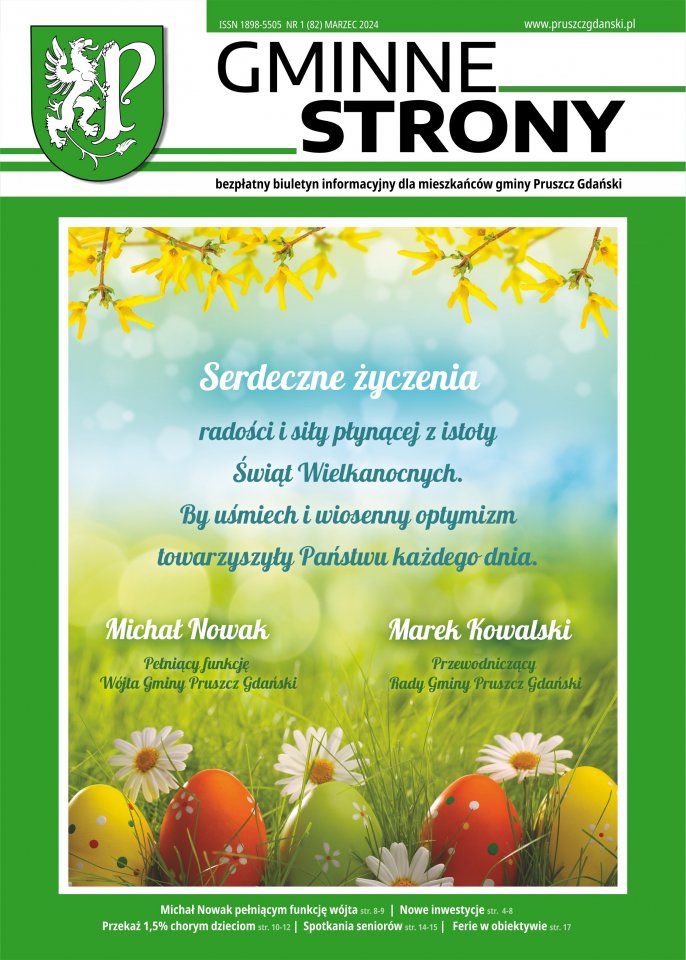 Pierwsza strona gazety Gminne Strony - wydanie wiosenne, na grafice pisanki, kwiaty rumianku, trawa