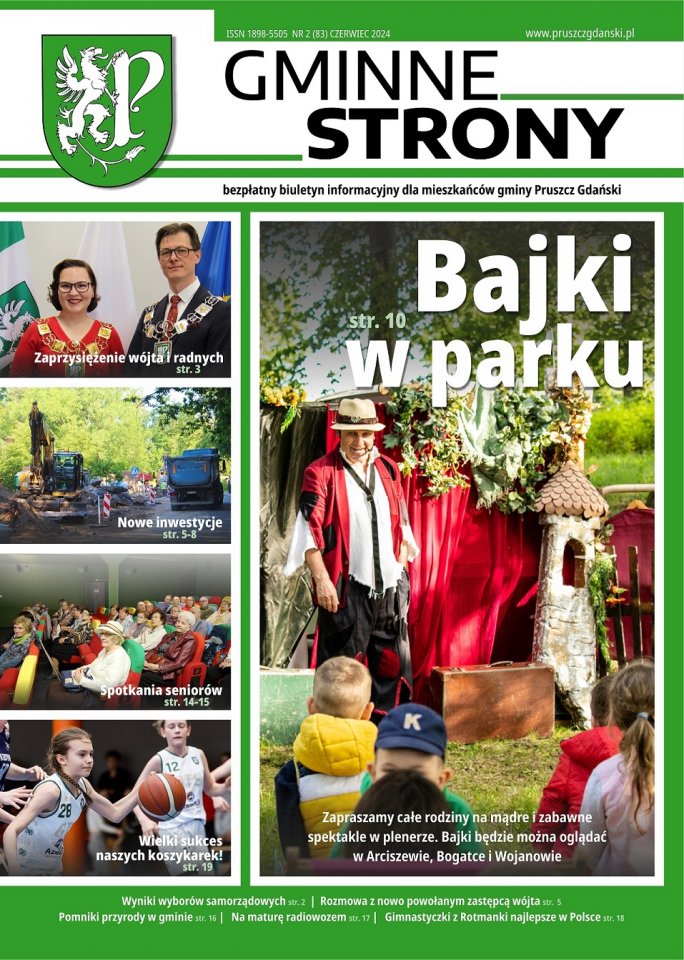 Pierwsza strona gazety Gminne Strony - wydanie letnie, festiwal Bajki w parku, mecz koszykówki,