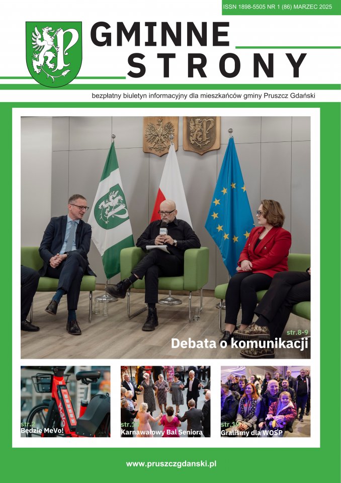 Okładka Gminne Strony, na okładce zdjęcie z Debaty Komunikacyjnej oraz spis treści. Zielona okładka 